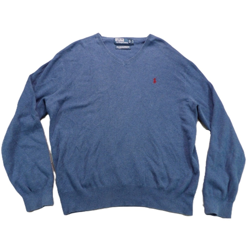 Polo by Ralph Lauren V Neck Sweater Men L Blue Pima Cotton Pony Classic Pullover
